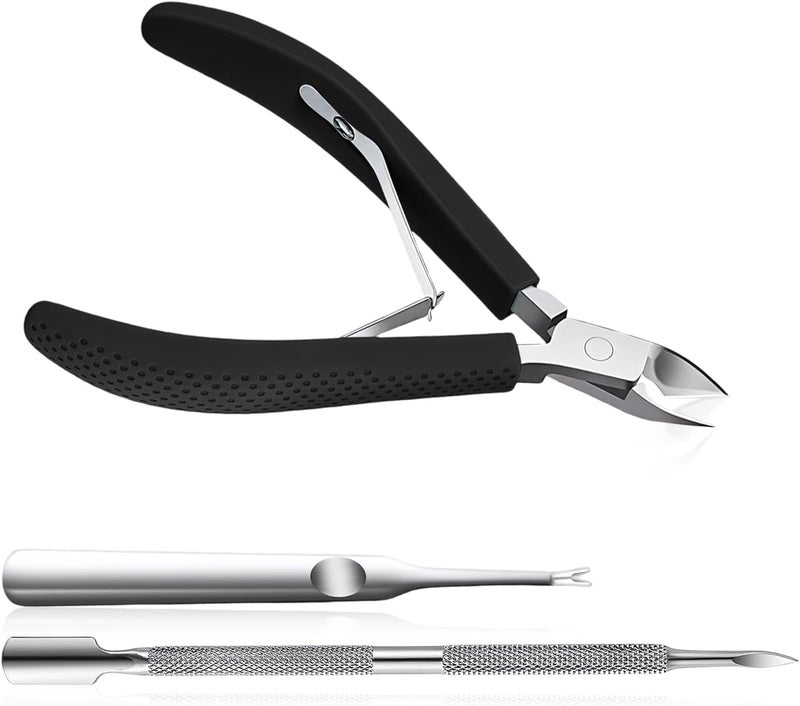 Criyar Fine Edge Cuticle Trimmer & Nippers, Scissors, Silicone Handle Nail Tools for Precise Removal, Durable Washable Cuticle Cutter & Remover & Pusher Nail Clippers (Black+Pusher 1Set) - Image 1